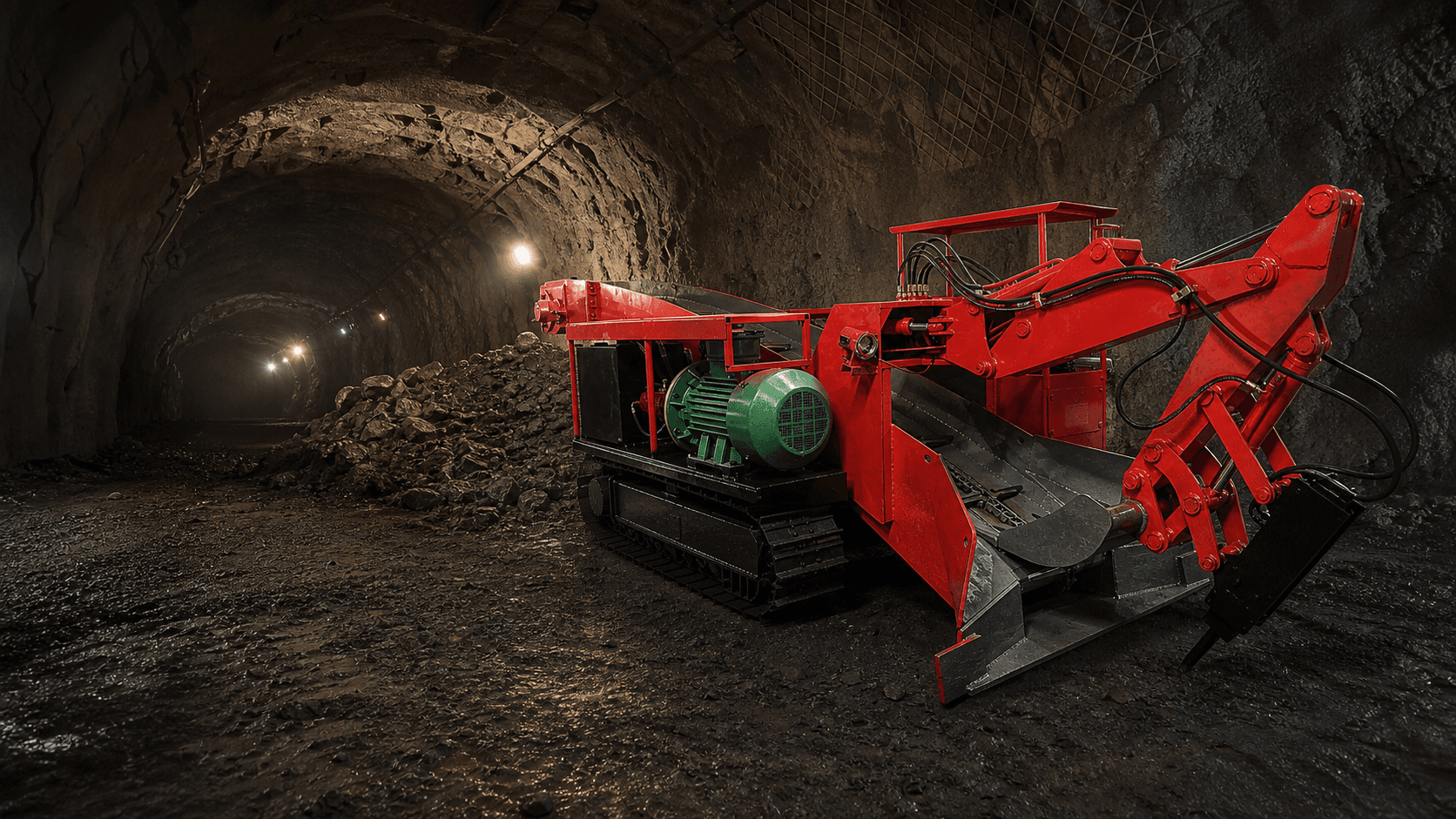 Red tracked mucking loader working inside an underground mine heading